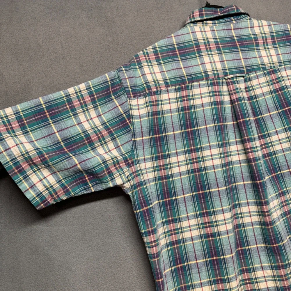 Vintage BD Baggies Short Sleeve Plaid Button Down Shirt L Teal Blue Green Casual